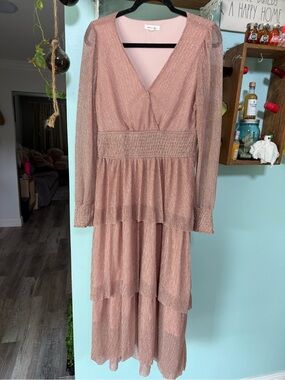 August Sky Elegant Blush Long-Sleeve Tiered Maxi Dress Size Large